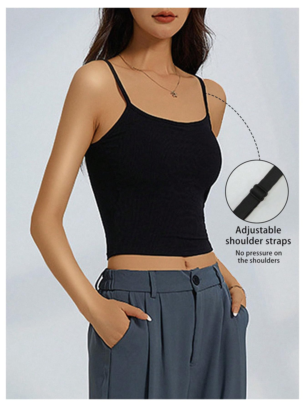 WDIRARA Women's 3 Pack Cami Crop Top Built in Bra Spaghetti Strap Tank Camisole Tops Black White Grey Large