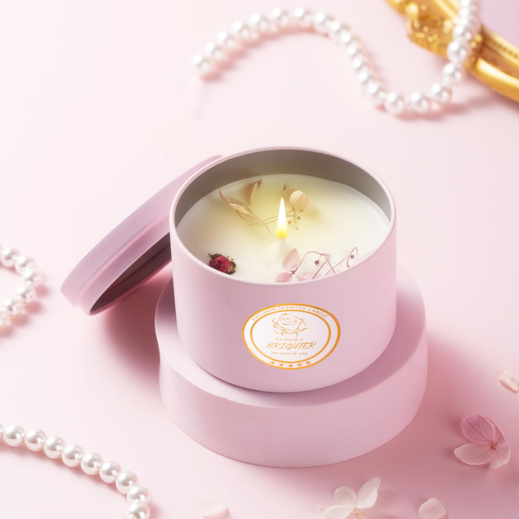 Evelunya Luxury Gift Set for Women Real Flowers Scented Candle Unique Self Care Relaxation Gift Ideas Birthday Gift