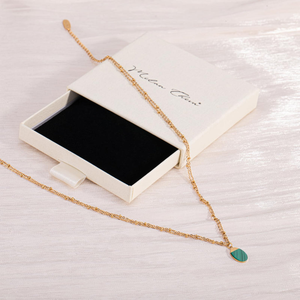 Milan Chiva 14K Gold Plated Green Malachite Layered Stacked Necklace for Women, Dainty Trendy Non Tarnish Oval Pendant Charm Necklaces Fashion Jewelry for Women Waterproof MNS-1009GN