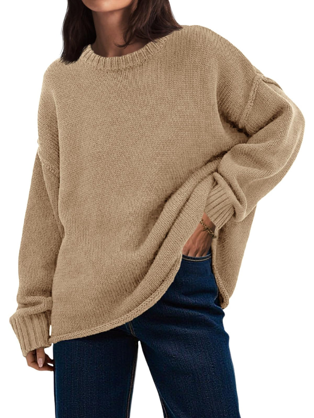 Saodimallsu Womens Oversized Crew Neck Sweaters Long Sleeve Slouchy Knit Fall Casual Loose Pullover Tops Khaki