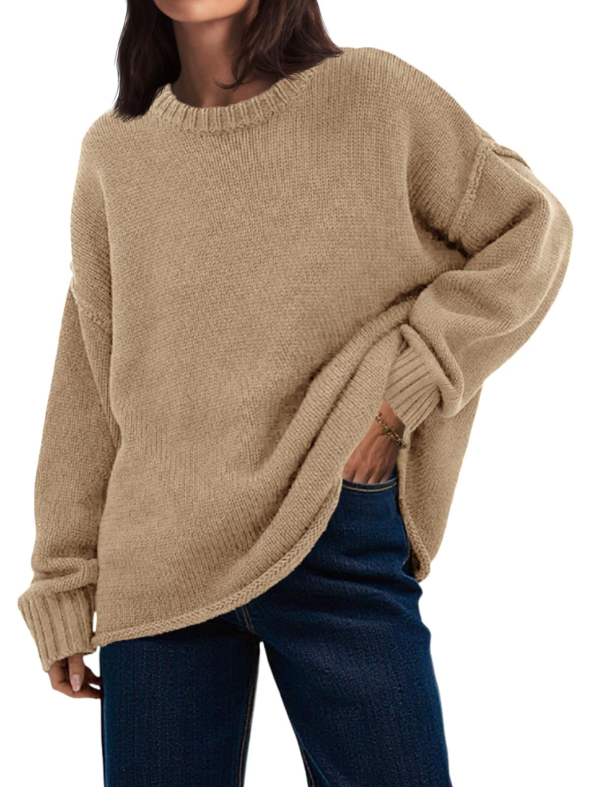 Saodimallsu Womens Oversized Crew Neck Sweaters Long Sleeve Slouchy Knit Fall Casual Loose Pullover Tops Khaki