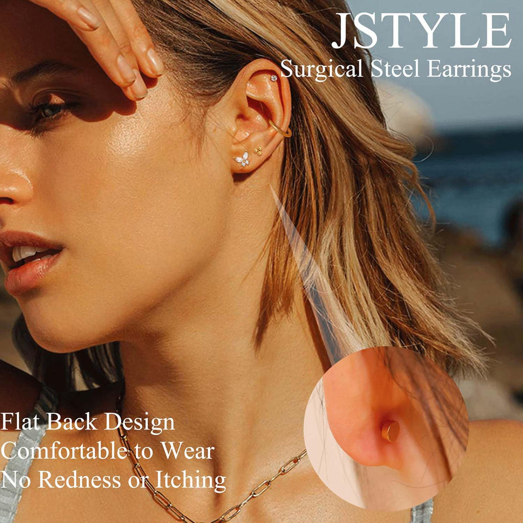 Jstyle Hypoallergenic 14K Gold Plated Flat Back Earrings for Women Men Surgical Stainless Steel Earrings for Sensitive Ears Small Stud Hoop Cartilage Earring Stack Set for Multiple Piercing Jewelry