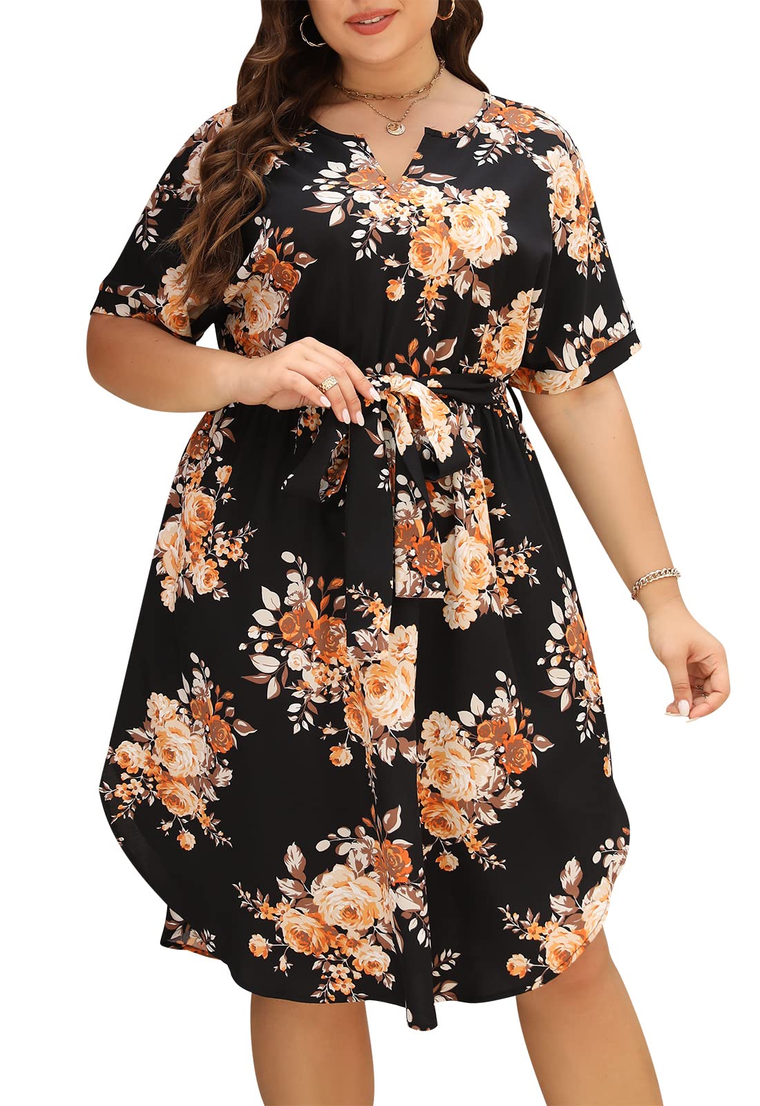 Nemidor Plus Size Casual Dresses for Curvy Women Summer Boho Floral Print Swing Midi Dress with Pockets 14-26(306,22,Black Yellow)