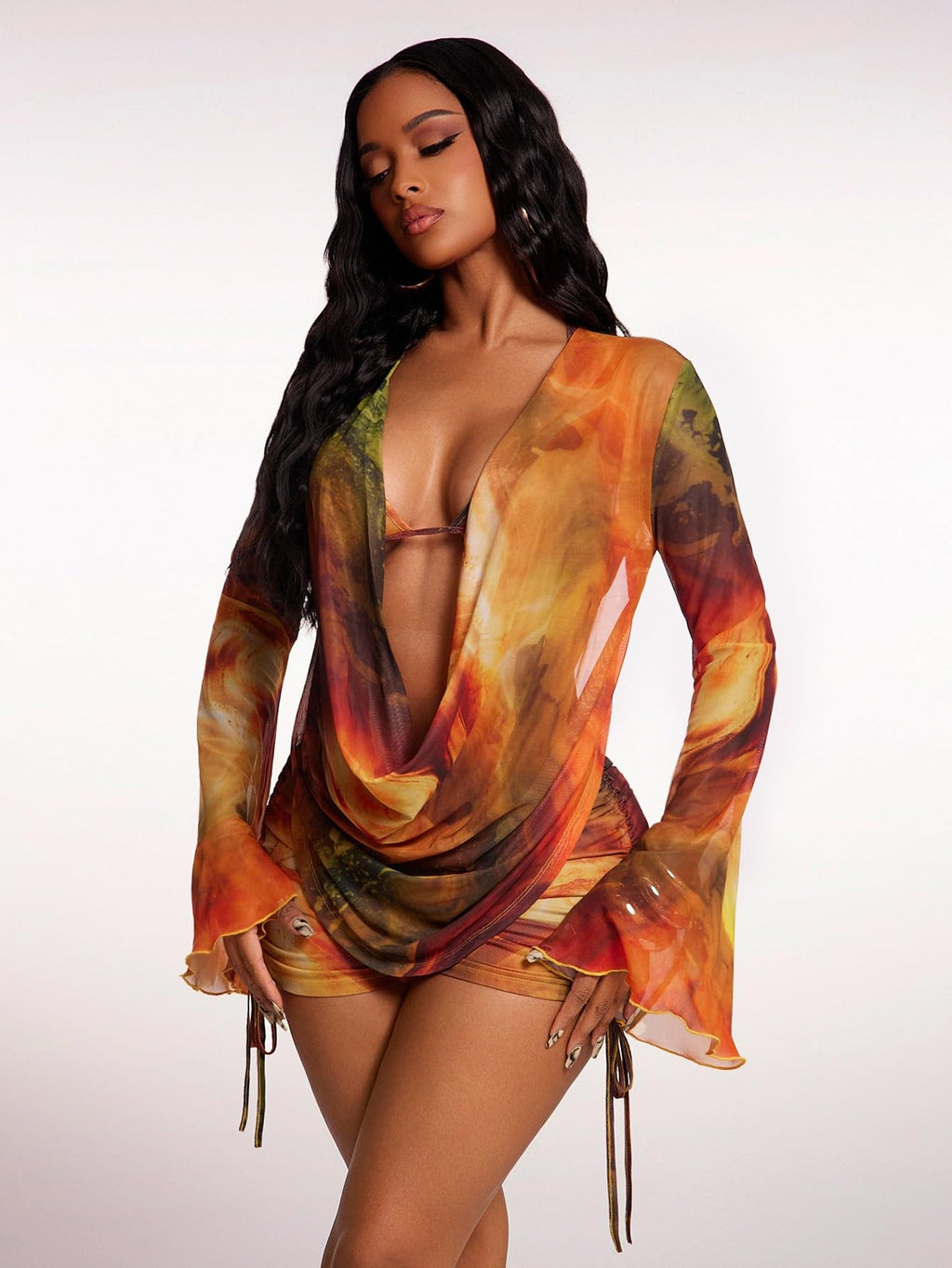 WDIRARA Women's Tie Dye 3 Piece Outfits Draped Mesh Ruched Shorts Set Beach Vacation Outfits Multicolor Large