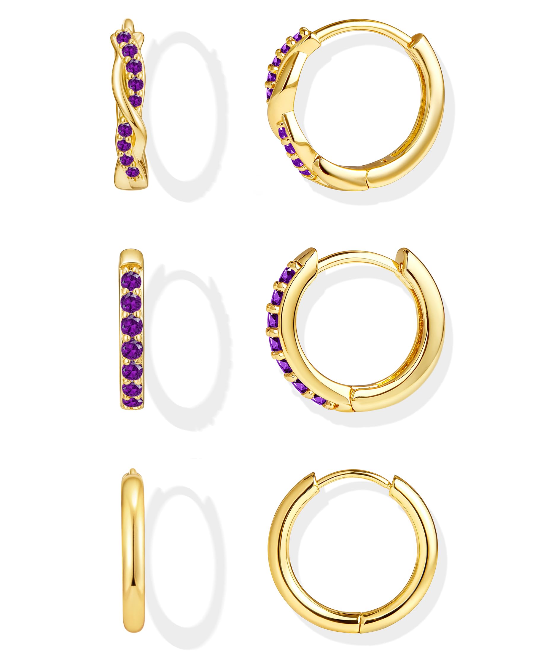 Inerney Gold Amethyst Huggie Hoop Earrings Set for Women, Dainty 14K Small Purple Earring Hypoallergenic Jewelry for Multiple Piercings, Trendy Twisted Cute Cartilage Hoops February Birthstone Gift