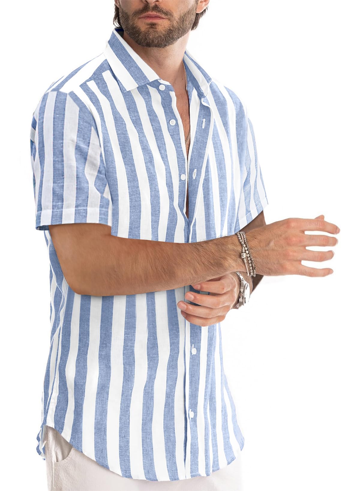 JMIERR Men's Summer Casual Stylish Short Sleeve Button-Down Shirts Cotton Linen Vertical Striped Business Dress Shirts Beach Shirt, L, Sky Blue