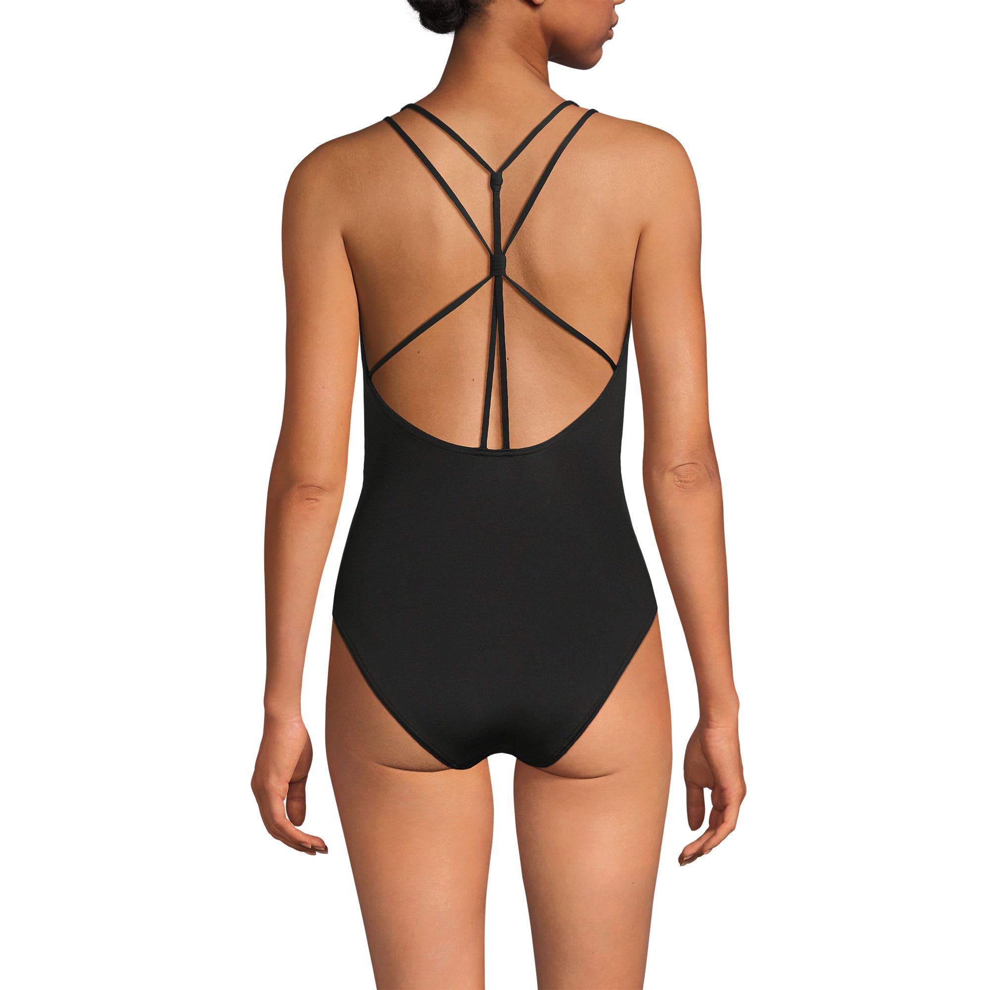 Lands' End Women's Tugless Quickdry Strappy Back High Leg One Piece 2 Black