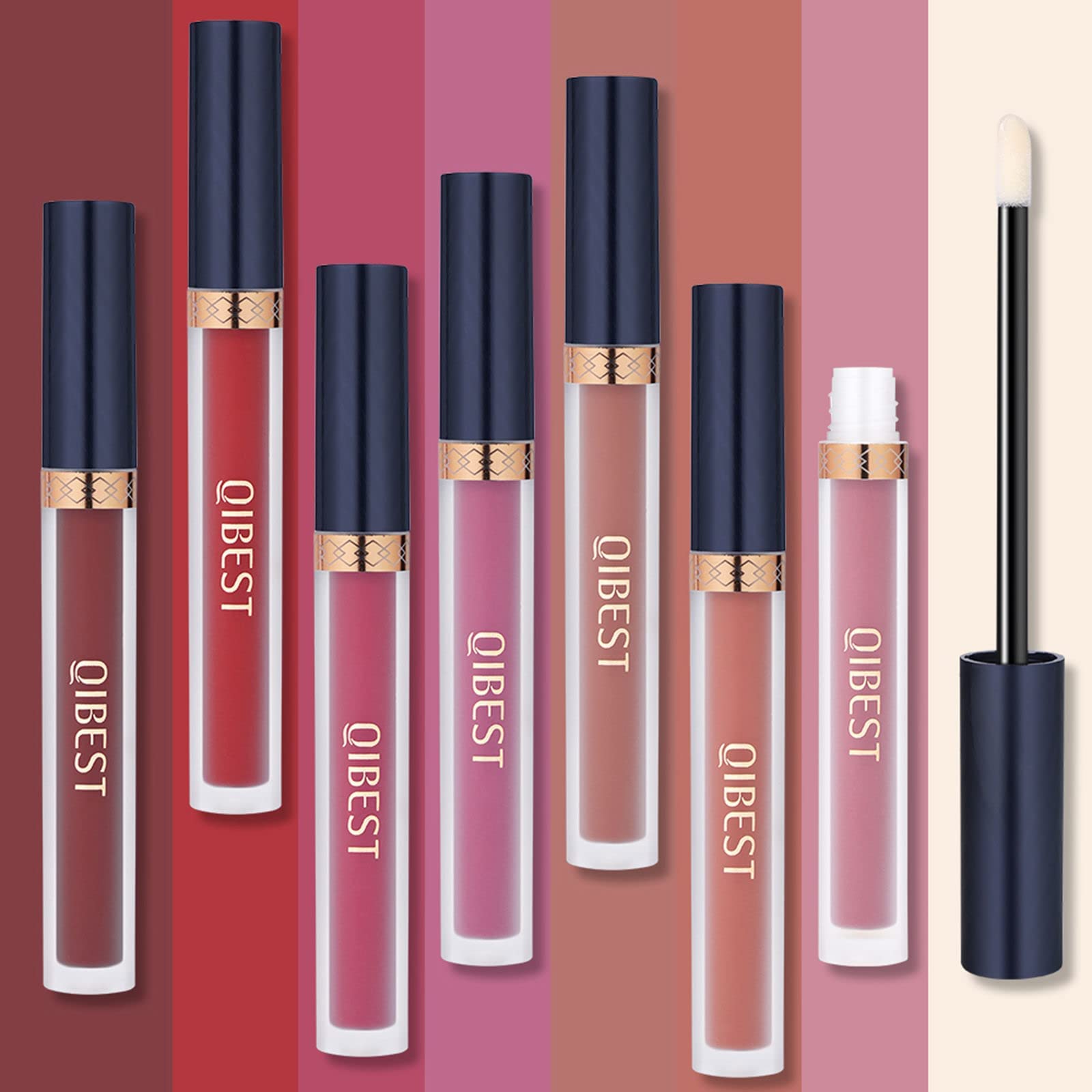 QiBest 7Pcs Matte Liquid Lipstick + 1Pcs Lip Plumper Makeup Set Kit, Pigmented Long Lasting Lip Gloss Set, Velvet Waterproof Halloween Lip Makeup Valentine's Day Gift Sets for Girls and Women