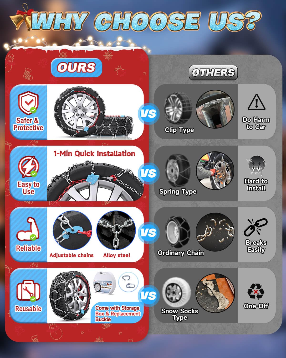 Snow-Chains Auto Fixing 1 Min Quick Fit Easy Installation Tire-Chains, Gifts for Safety, Portable Reusable Universal Emergency Tire Traction Chain for Passenger Car and SUV - Set of 2 (XM-130)