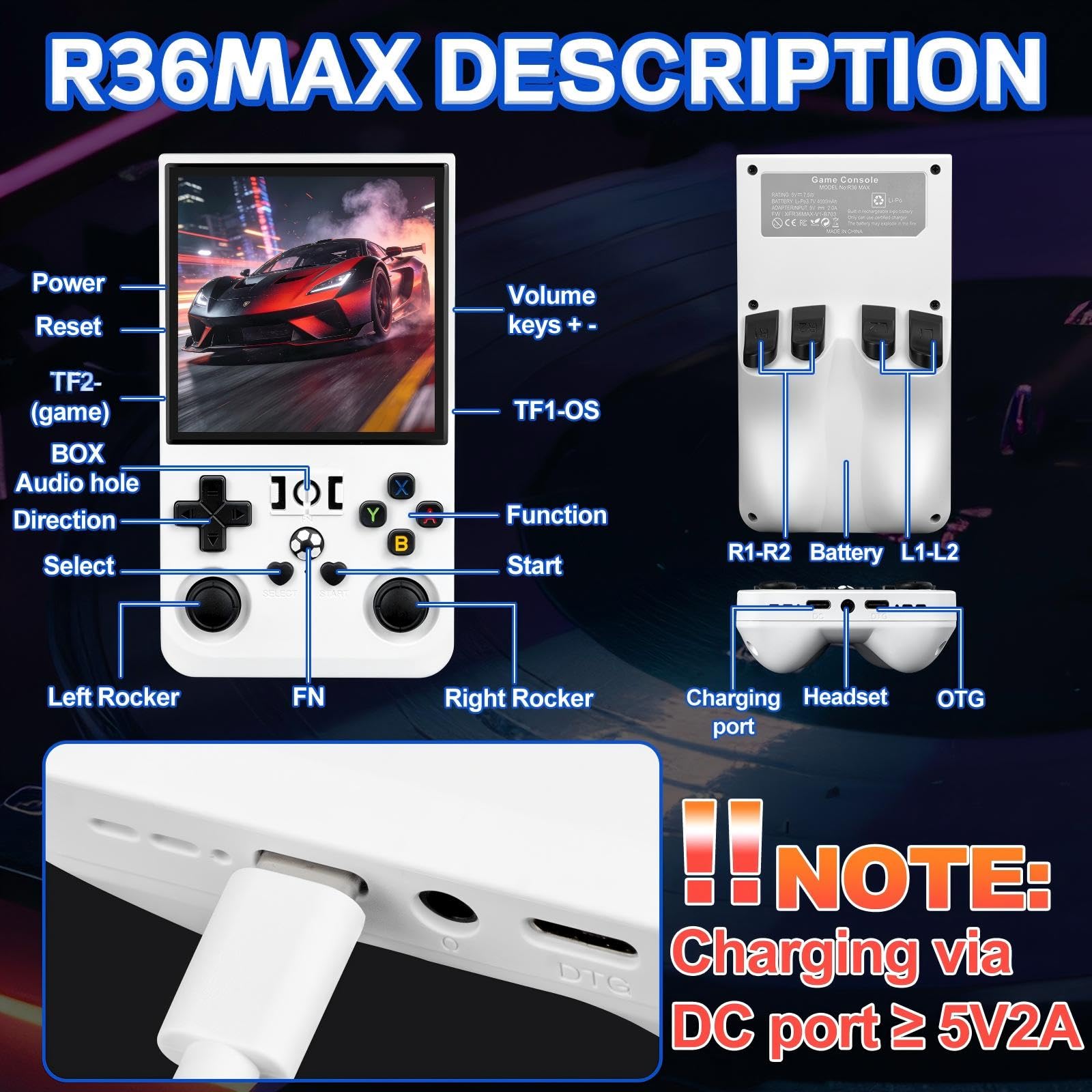 Rhesusco R36MAX Handheld Game Console - Support 22000+Classic Games,128G TF Card,Portable Console with 4.0-Inch Screen,Open Source System,4000mAh Battery,Birthday Gift for Adult or Partner - White