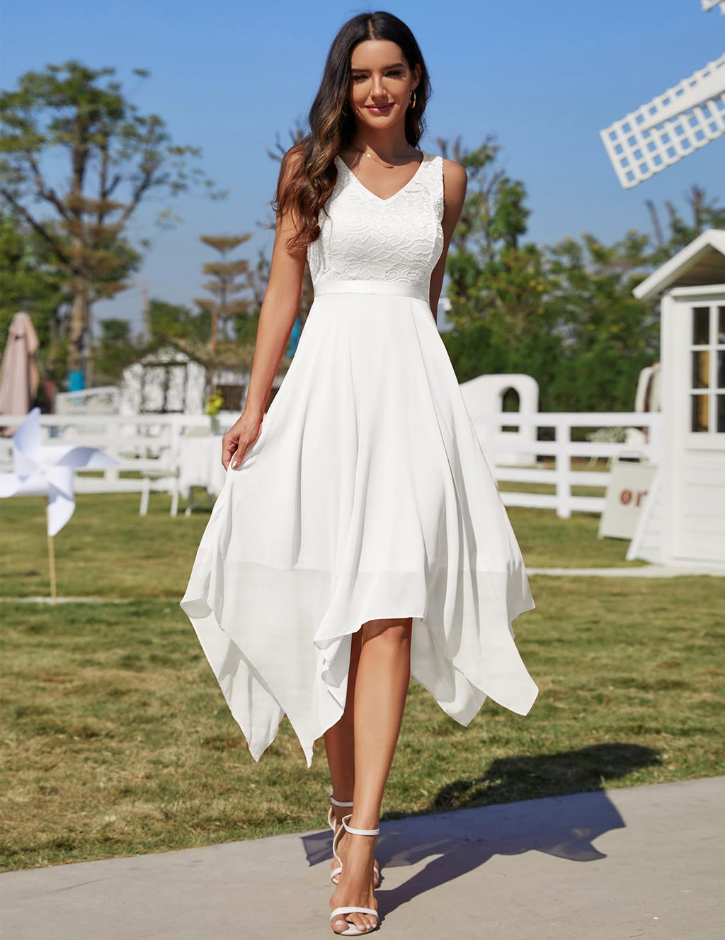 Meetjen Women A Line V Neck Sleeveless Lace Chiffon Dresses Cocktail Prom Dress Vestidos De Mujer Elegantes White 3XL