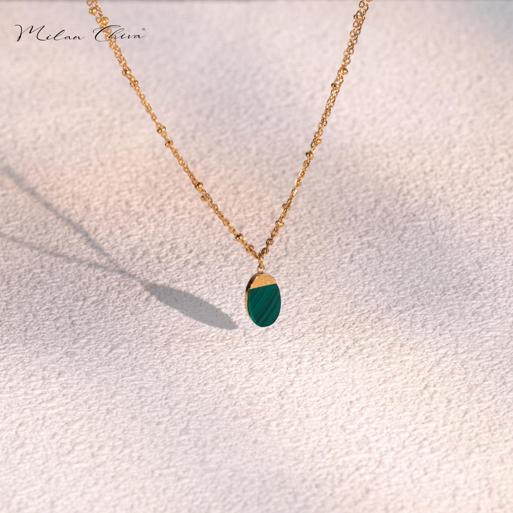 Milan Chiva 14K Gold Plated Green Malachite Layered Stacked Necklace for Women, Dainty Trendy Non Tarnish Oval Pendant Charm Necklaces Fashion Jewelry for Women Waterproof MNS-1009GN