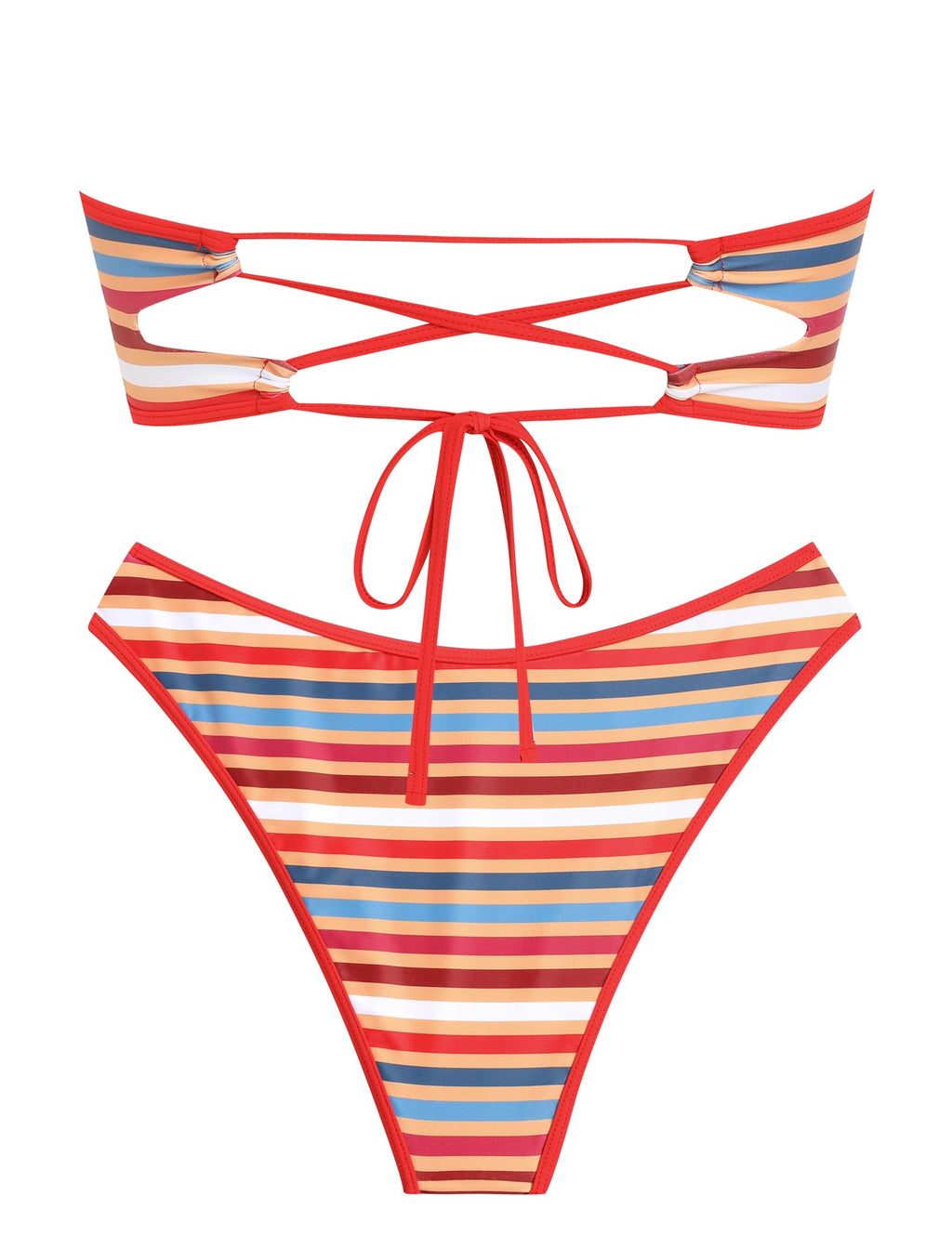 ZAFUL Women's Bandeau Bikini V Strapless Confetti Colorblock Tie Back High Cut Two Piece Swimsuit Bathing Suits (3-Orange Red, M)