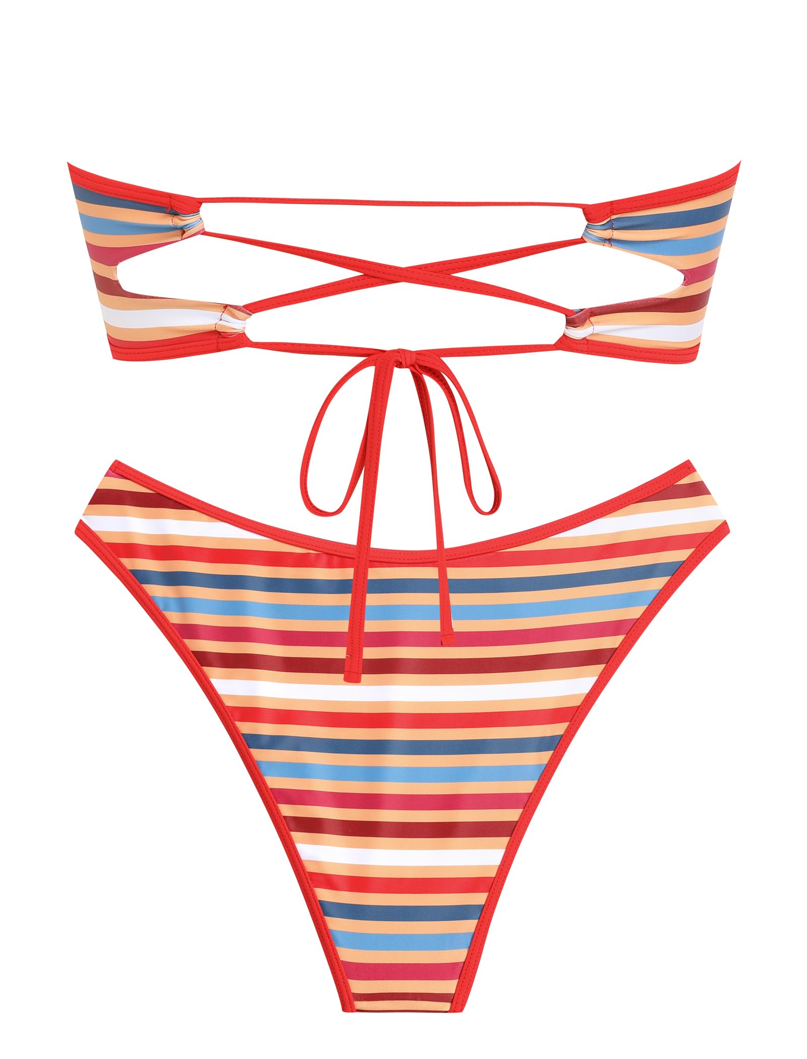 ZAFUL Women's Bandeau Bikini V Strapless Confetti Colorblock Tie Back High Cut Two Piece Swimsuit Bathing Suits (3-Orange Red, M)