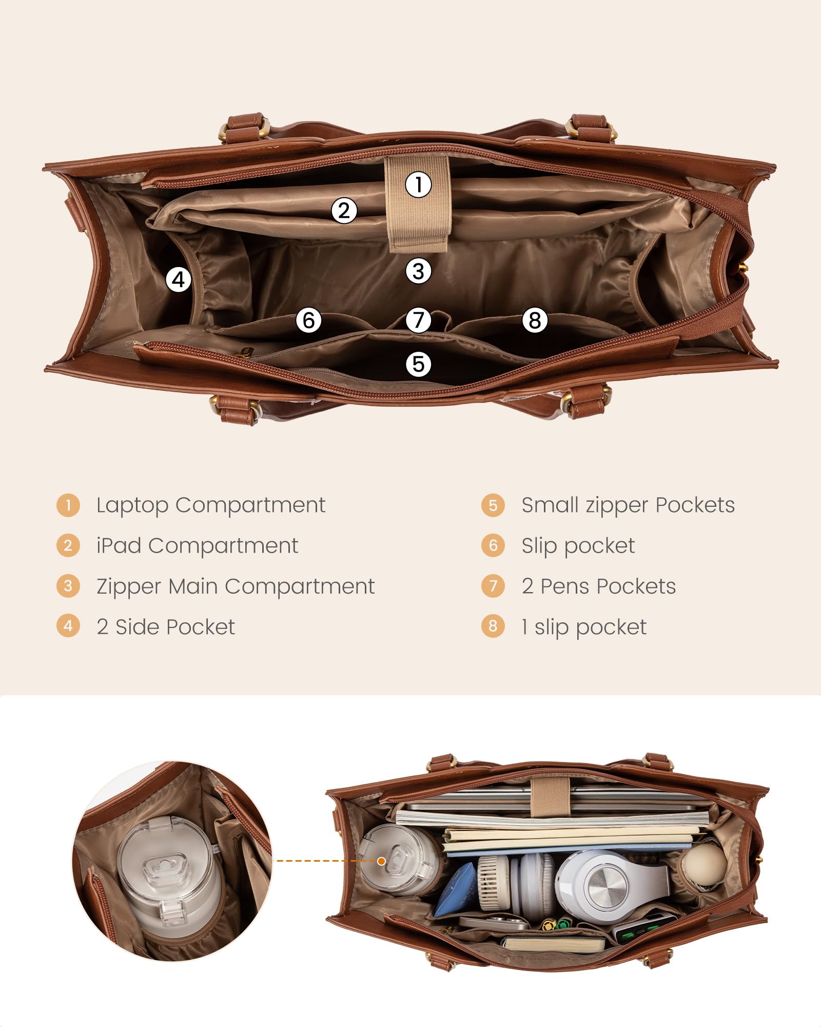 LOVEVOOK 15.6 inch Laptop Bag for Women - Waterproof Work Bag for Women & Vintage Laptop tote Bag with Wristlet, Brown