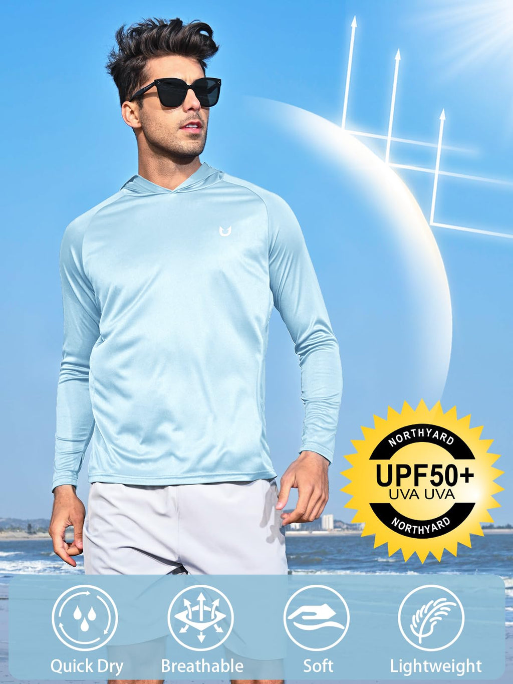 NORTHYARD Men's UPF 50+ Hoodie Shirts Long Sleeve Sun Protection Fishing Swim Beach UV SPF Rash Guard Quick Dry Lightweight SkyBlue L