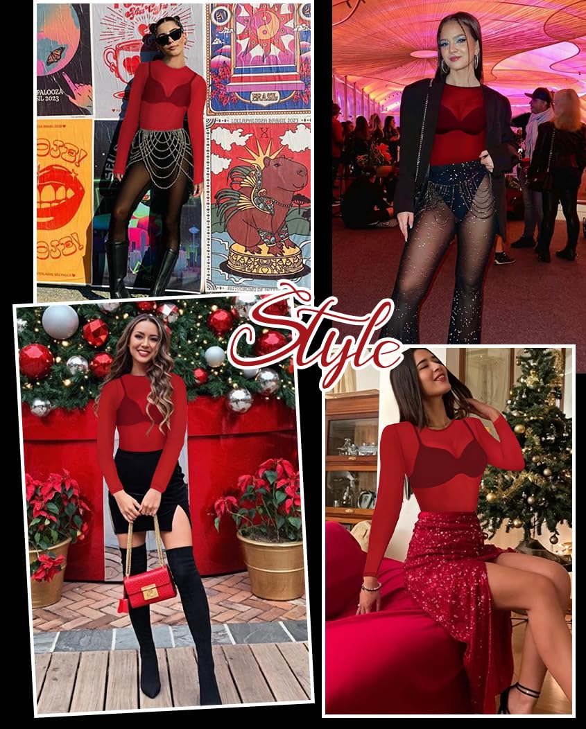 ZNVGIRL Women's Sheer Long Sleeve Top Mesh Slim Fit Tees See Through Blouse O Neck Clubwear(Bright Red,M)