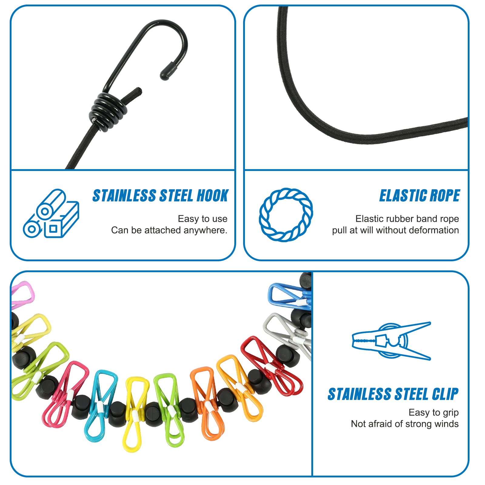 Retractable Portable Clothesline for Travel, Clothing line with 12 Clothes Clips, for Indoor Laundry Drying line, Outdoor Camping Accessories