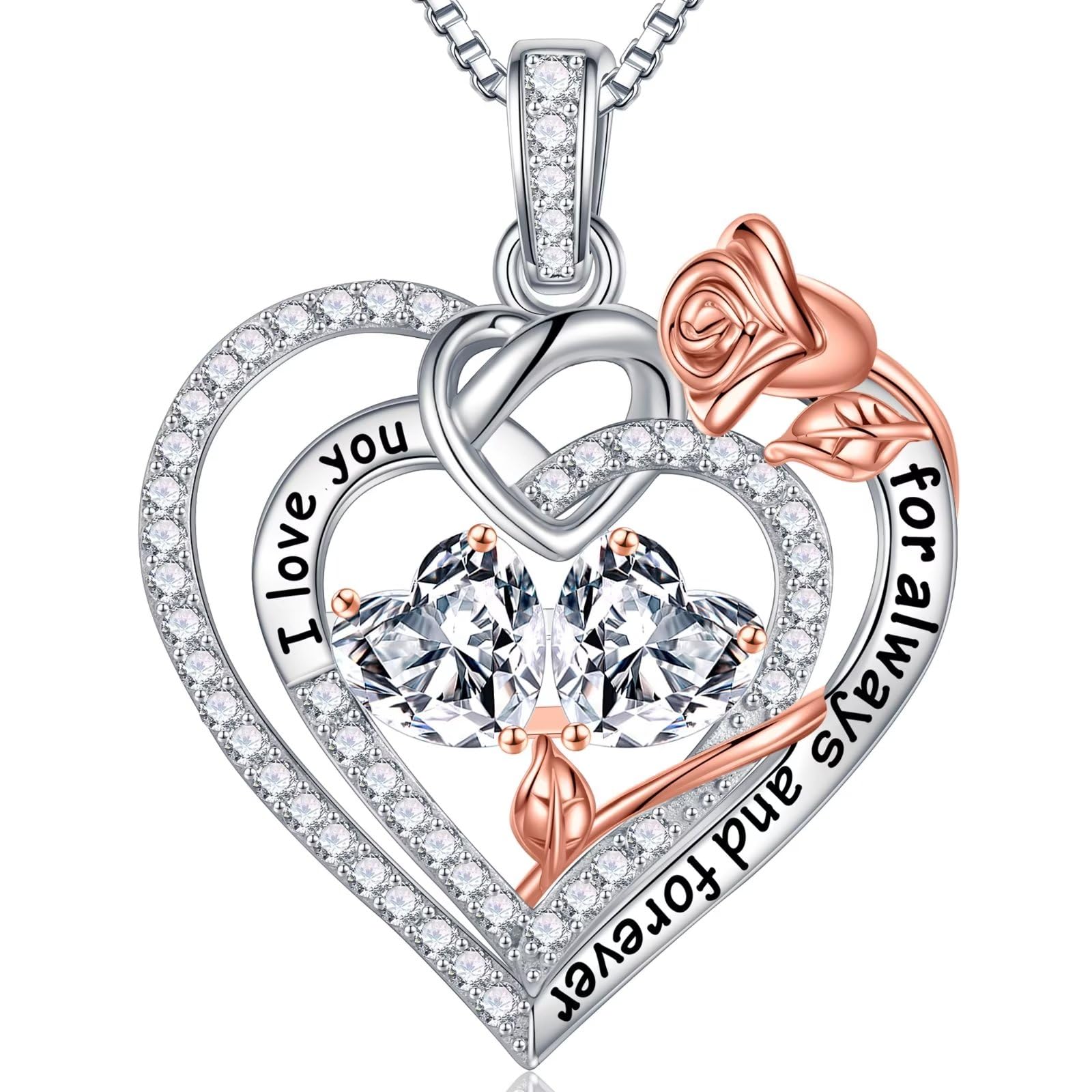 Iefil Birthstone Necklace for Women - April Birthstone Necklace, Diamond Necklace for Women, White Topaz Necklaces, Sterling Silver Necklace, Rose Heart Necklaces for Women, Jewelry for Women