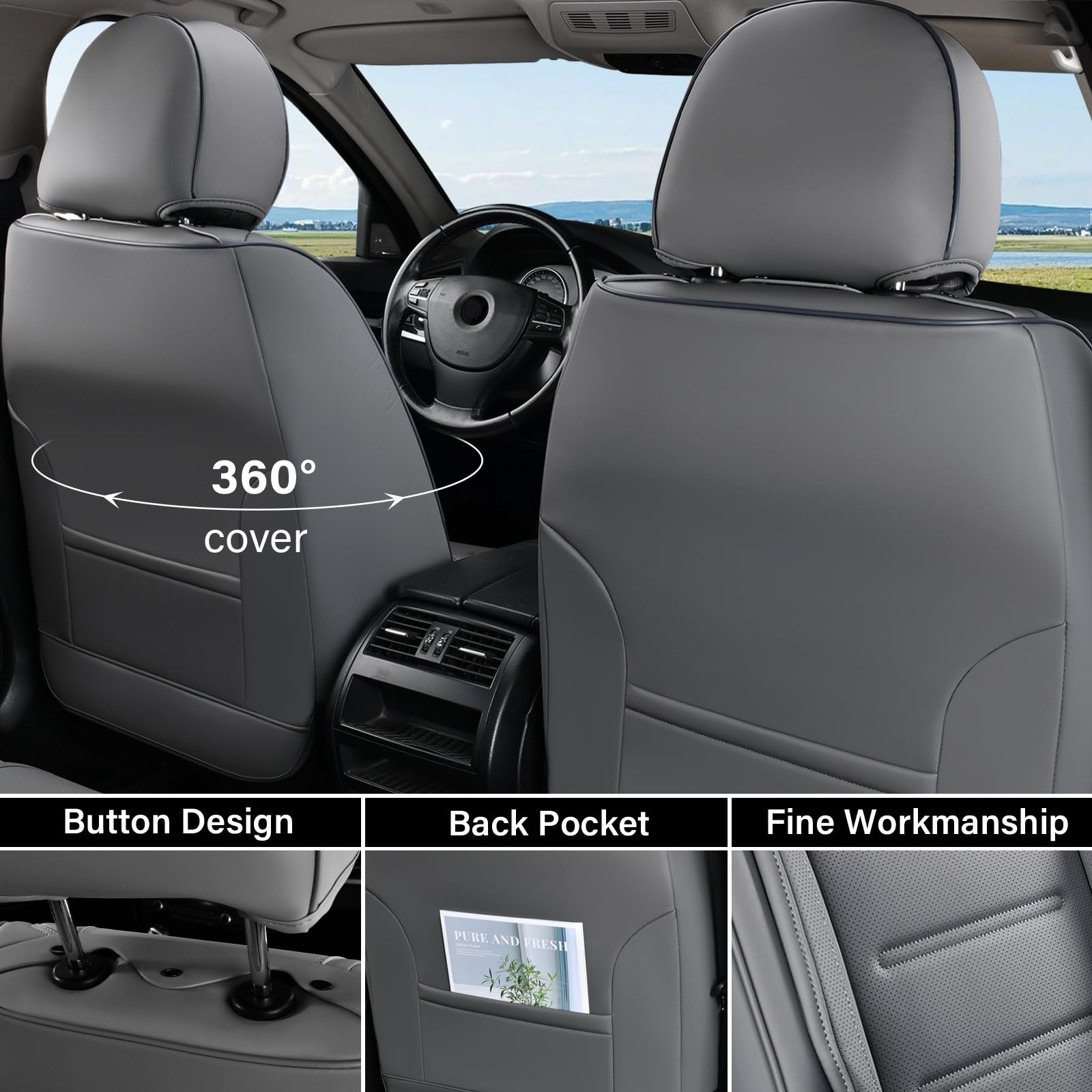 Coverado Car Seat Covers, Front Covers for Cars, Car Seat Cover Front Seats, Car Seat Protector Waterproof, Leather Car Seat Cushion, Universal Interior Covers Seat Protectors for Most Cars Gray