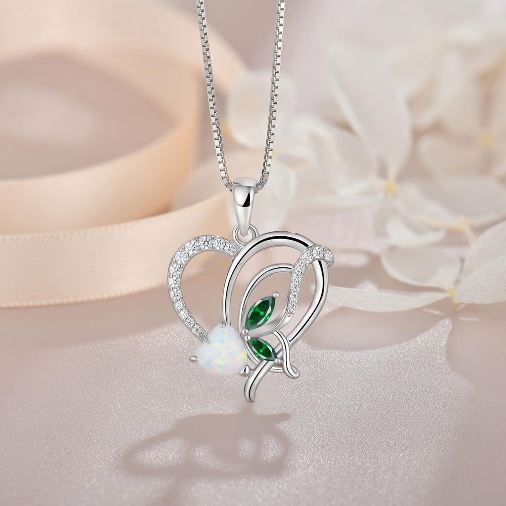 YIFSIY Opal Heart Necklace for Women 925 Sterling Silver Butterfly Pendant Emerald Birthstone May Jewelry Gifts