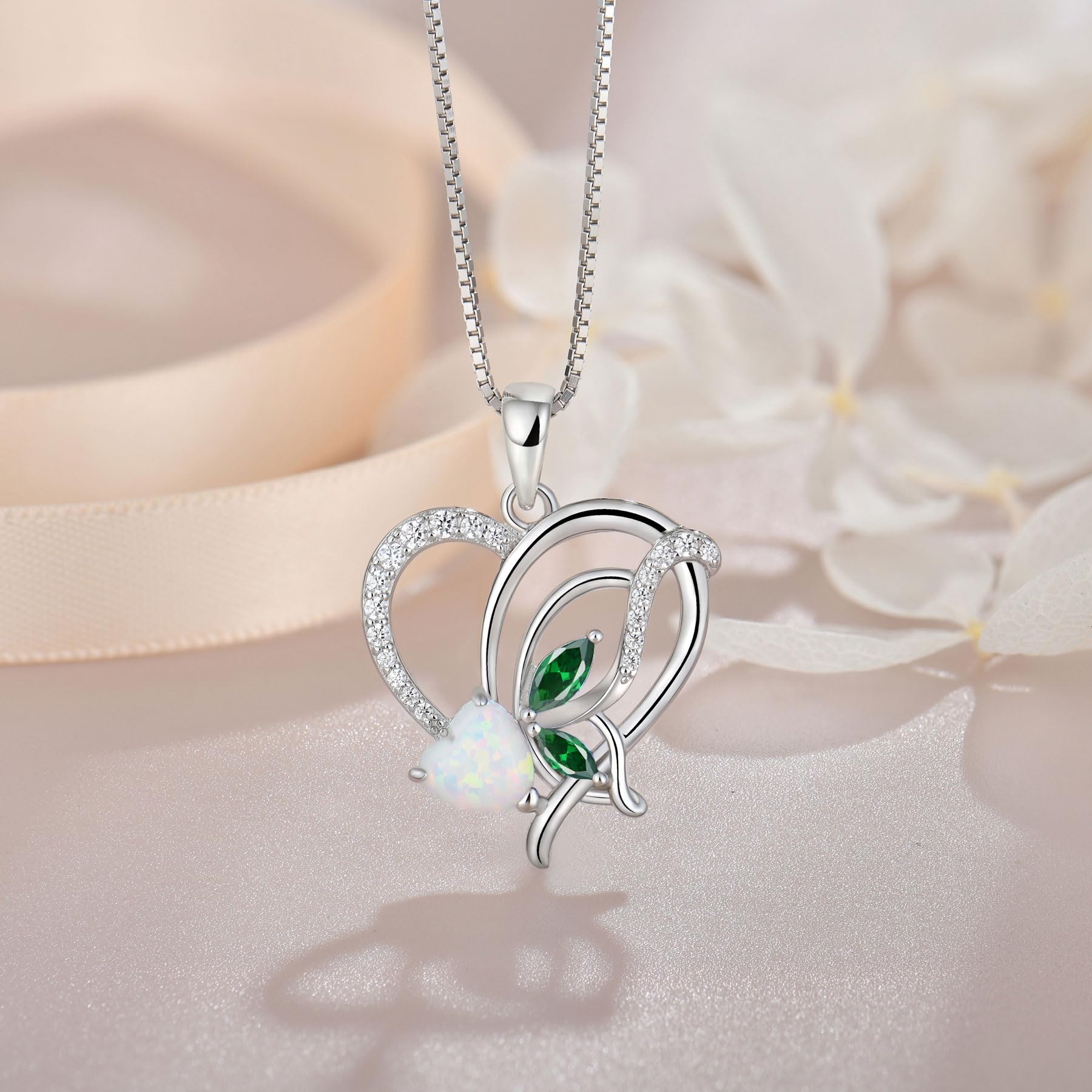 YIFSIY Opal Heart Necklace for Women 925 Sterling Silver Butterfly Pendant Emerald Birthstone May Jewelry Gifts