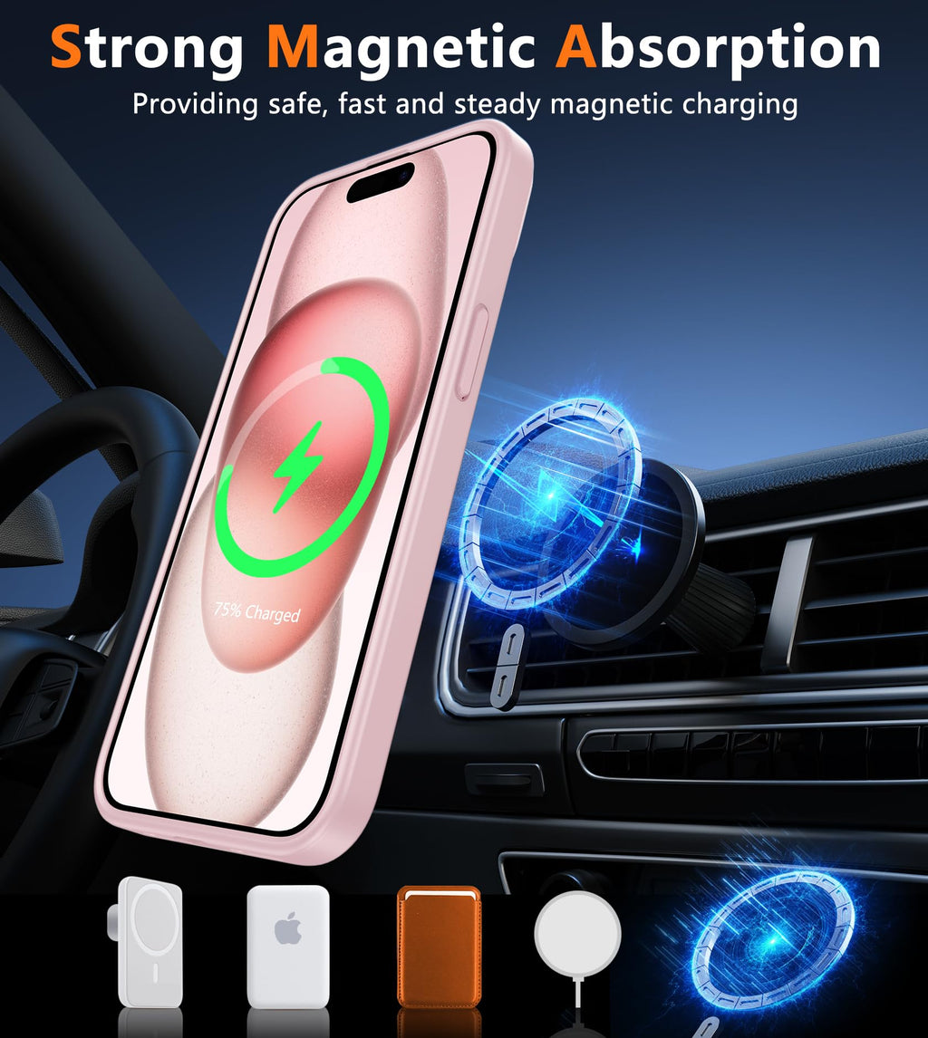 FNTCASE for iPhone 15 Case: for iPhone 14 Case & iPhone 13 Case [Compatible with Magsafe] Translucent Matte Magnetic Phone Cover - Military Grade Drop Protection Shockproof Protective Cases - Pink