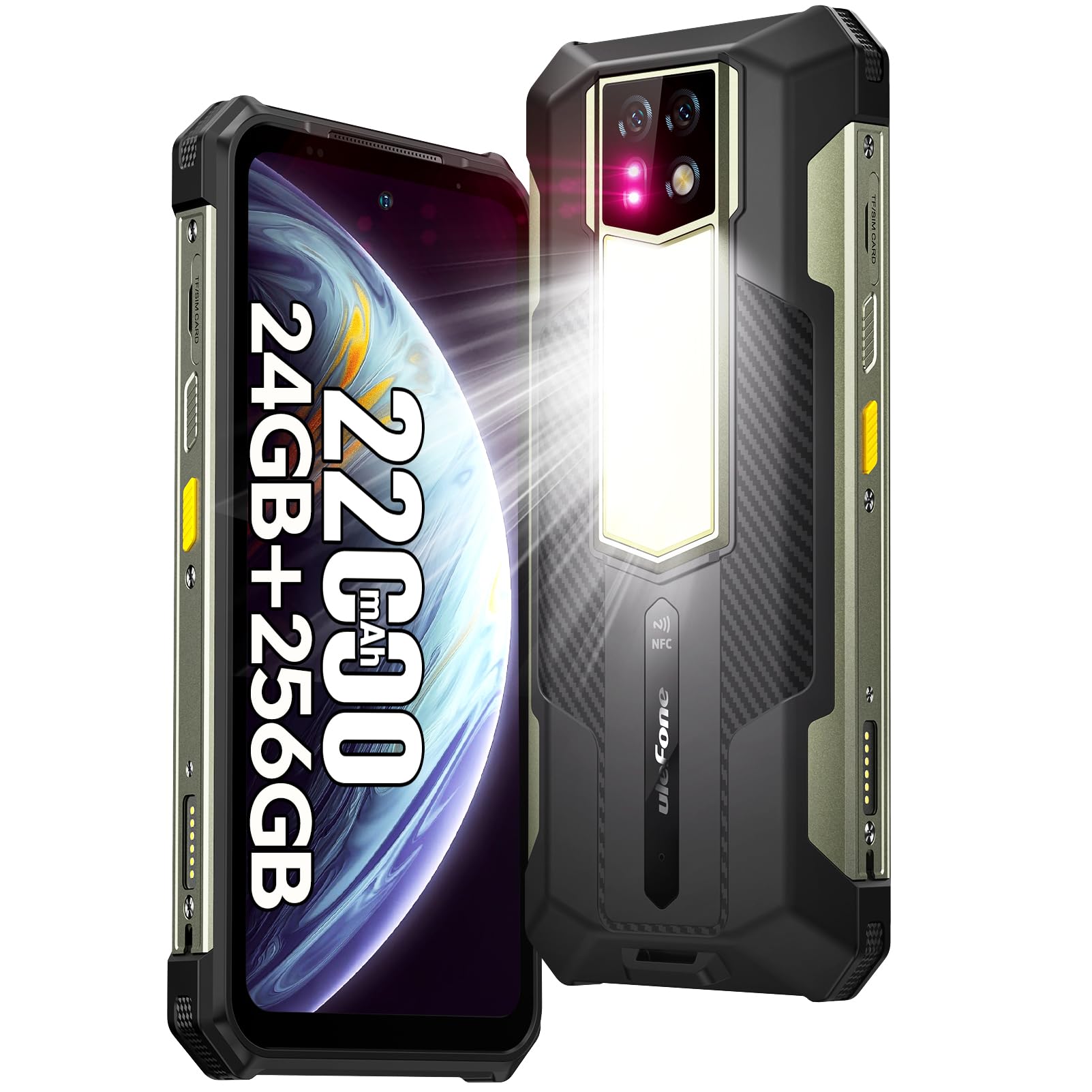 Ulefone Armor 24 22000mAh Mega Battery Unlocked Rugged Phone, Camping Light, 24GB RAM +256GB ROM, 6.78" FHD+120Hz Screen, 64MP Main Camera + 64MP Night Vision Camera, Android 14 Rugged Smartphone NFC