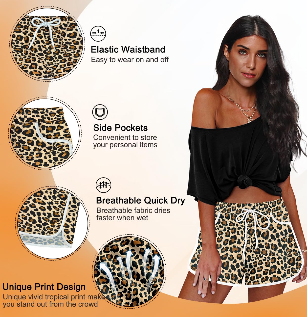 Womens Swim Beach Shorts Stretch Summer Cheetah Leopard Print Swim Trunks Swimwear Bottom M