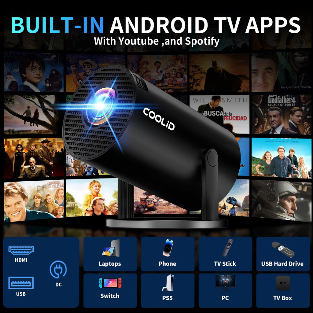 [Built-in Apps & 2026 Upgraded] Mini Projector Support 4K 1080P Auto Keystone 180° Rotatable with WiFi 6 and Bluetooth 5.4, Projector Portable Compatibile with HDMI/TV Stick/Memory Stick/Laptop-Black