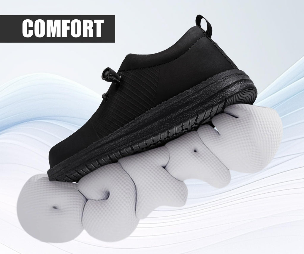 LARNMERN Slip On Steel Toe Shoes Men Lightweight Comfortable Lounging Walking Sneakers Safety Work Steel Toe Loafers (12 Men, Black Leather)