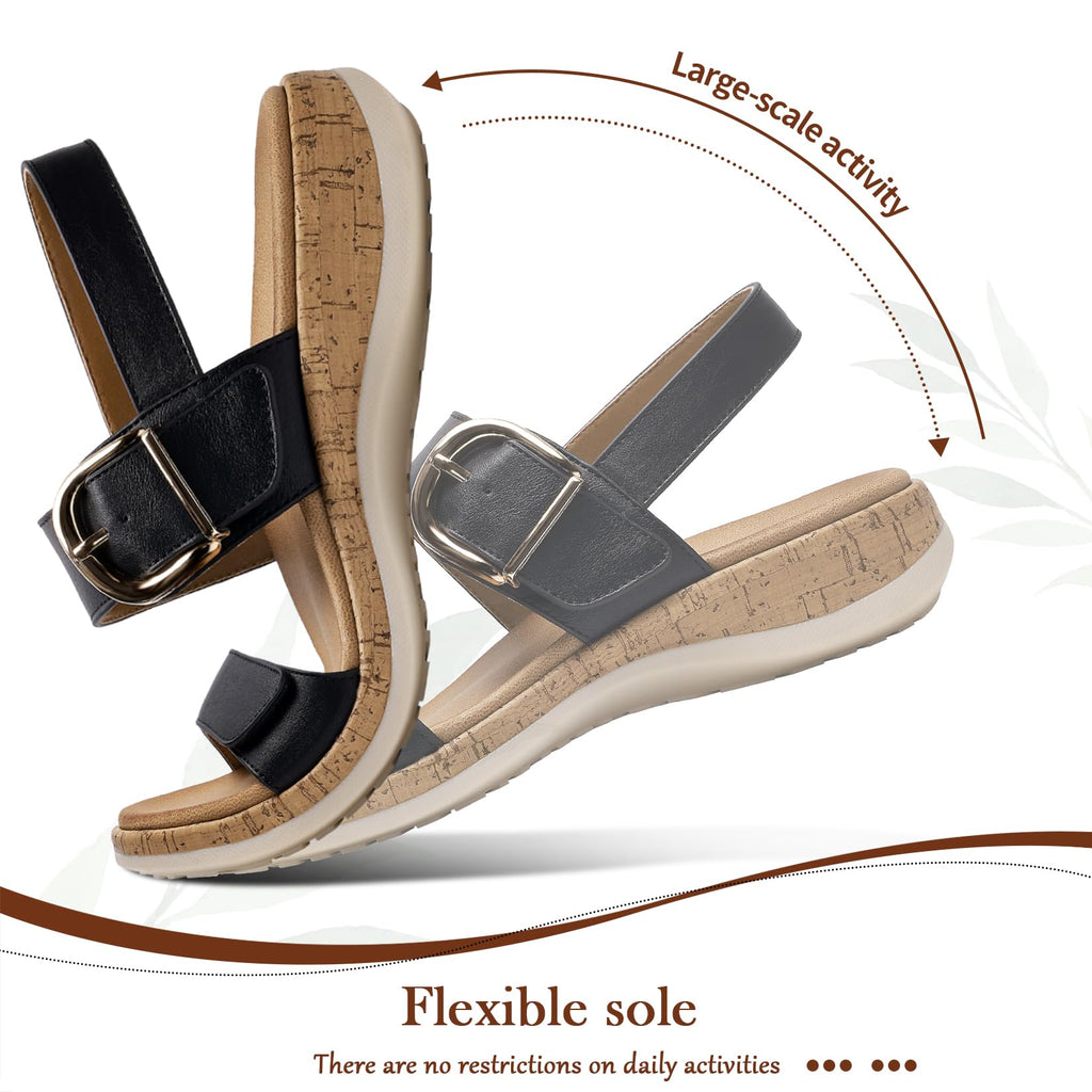 Littleplum Sandals for Women Arch Support – Comfortable Flat Womens Sandals, Summer Breathable Adjustable Orthotic Walking Shoes for Beach,Travel Black Size 6