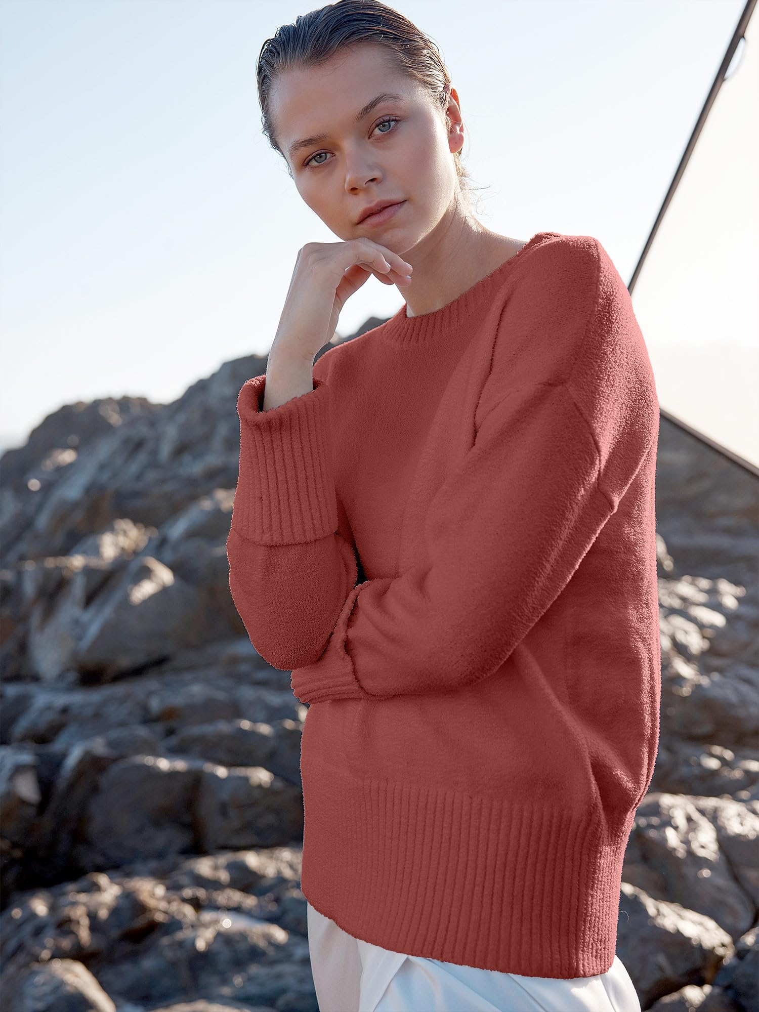 ANRABESS Women's Oversized Sweaters 2025 Long Sleeve Fuzzy Knit Casual Chunky Pullover Sweater Fall Outfits Clothes Rust - Birck Red Small