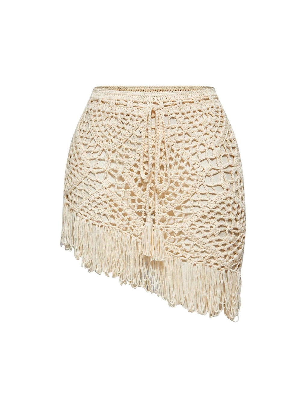 WDIRARA Women's Crochet Fringe Beach Skirt Hollow Out Sheer Cover Up Skirts Boho Coverups Apricot Medium
