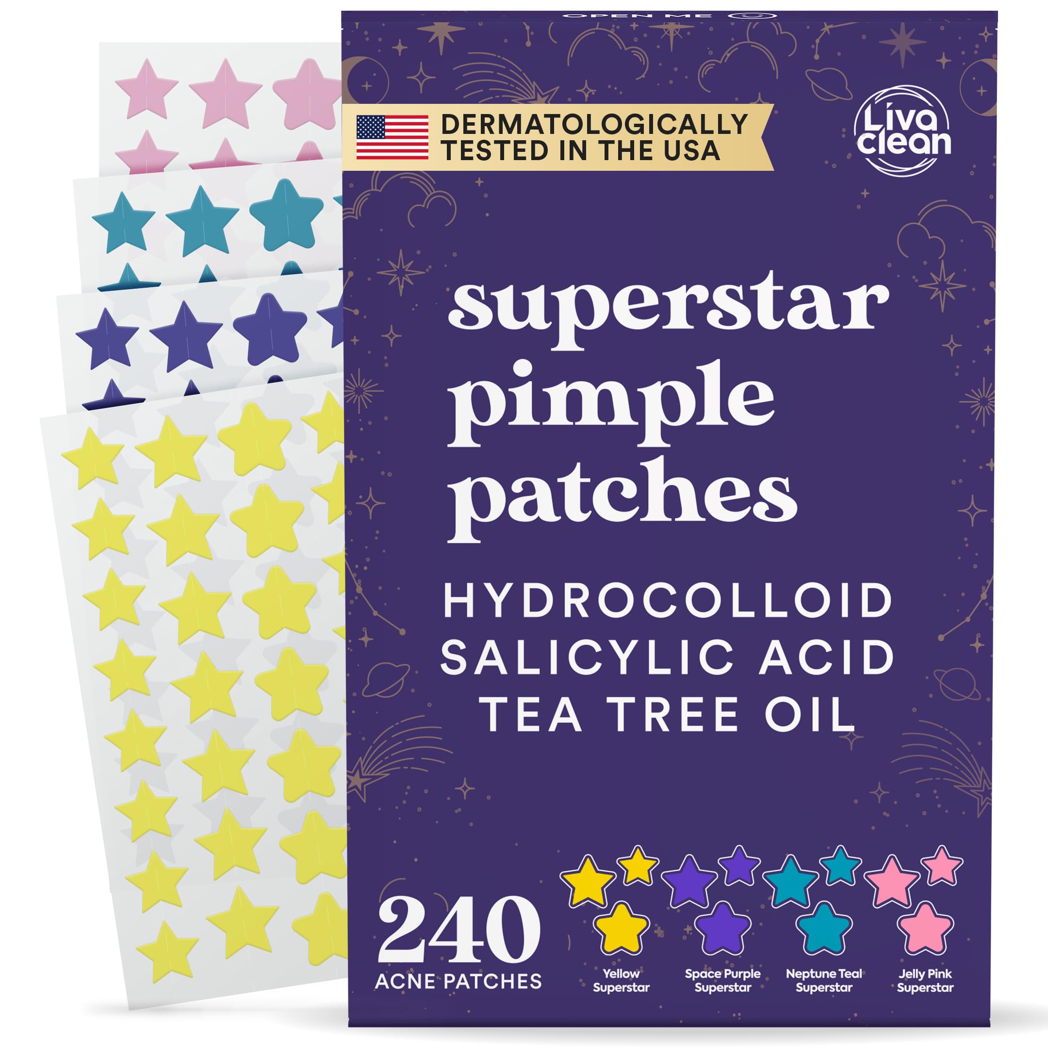 Livaclean Star Pimple Patches for Face w/ Hydrocolloid, Tea Tree oil & Salicylic Acid - Zit Stickers, Hydrocolloid Acne Patches for Face - Cute Pimple Patch, Acne Stickers