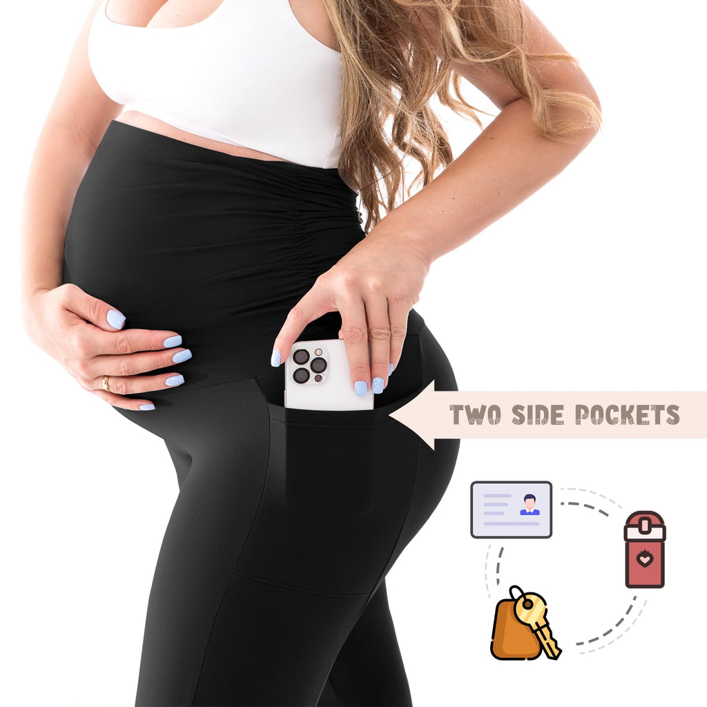 Walifrey Women's Maternity Leggings with Pockets Over The Belly,Pregnancy Yoga Pants Activewear Workout Leggings Burgundy M