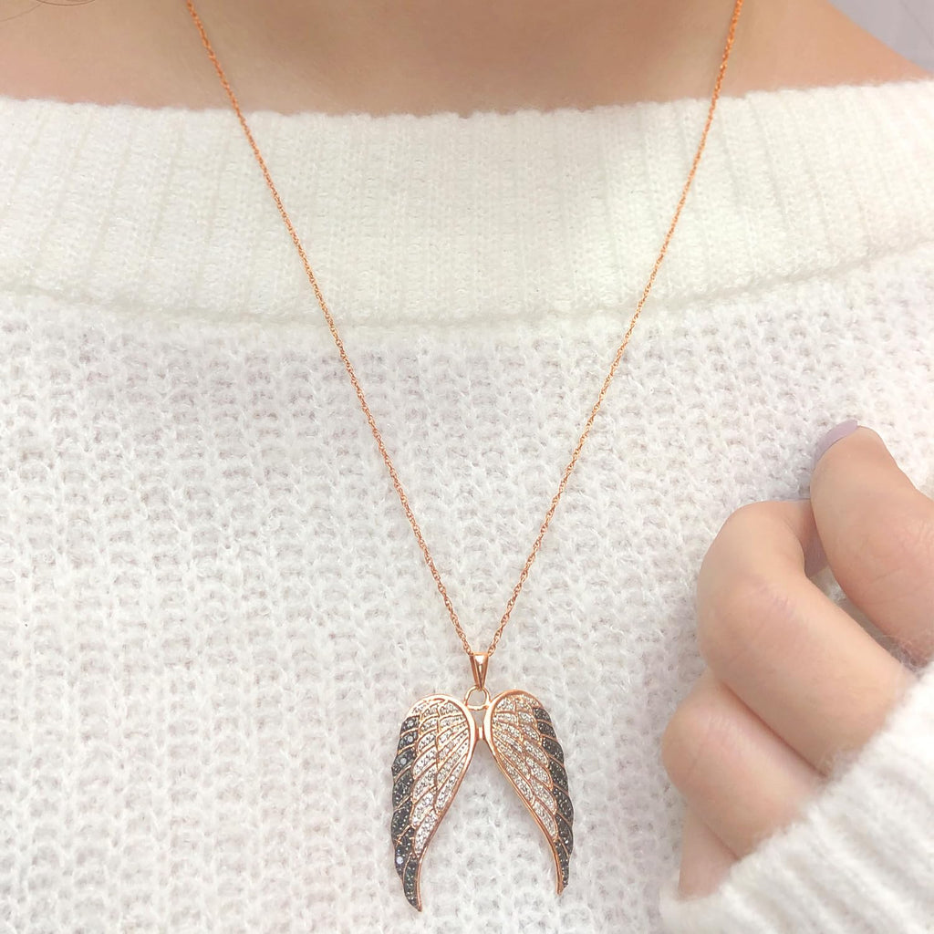 AFFY 1/2 Carat Round Cut White & Enhanced Black Natural Diamond Angel Wings Pendant Necklace In 14k Rose Gold Over Sterling Silver (0.50 Cttw) With 18" Chain