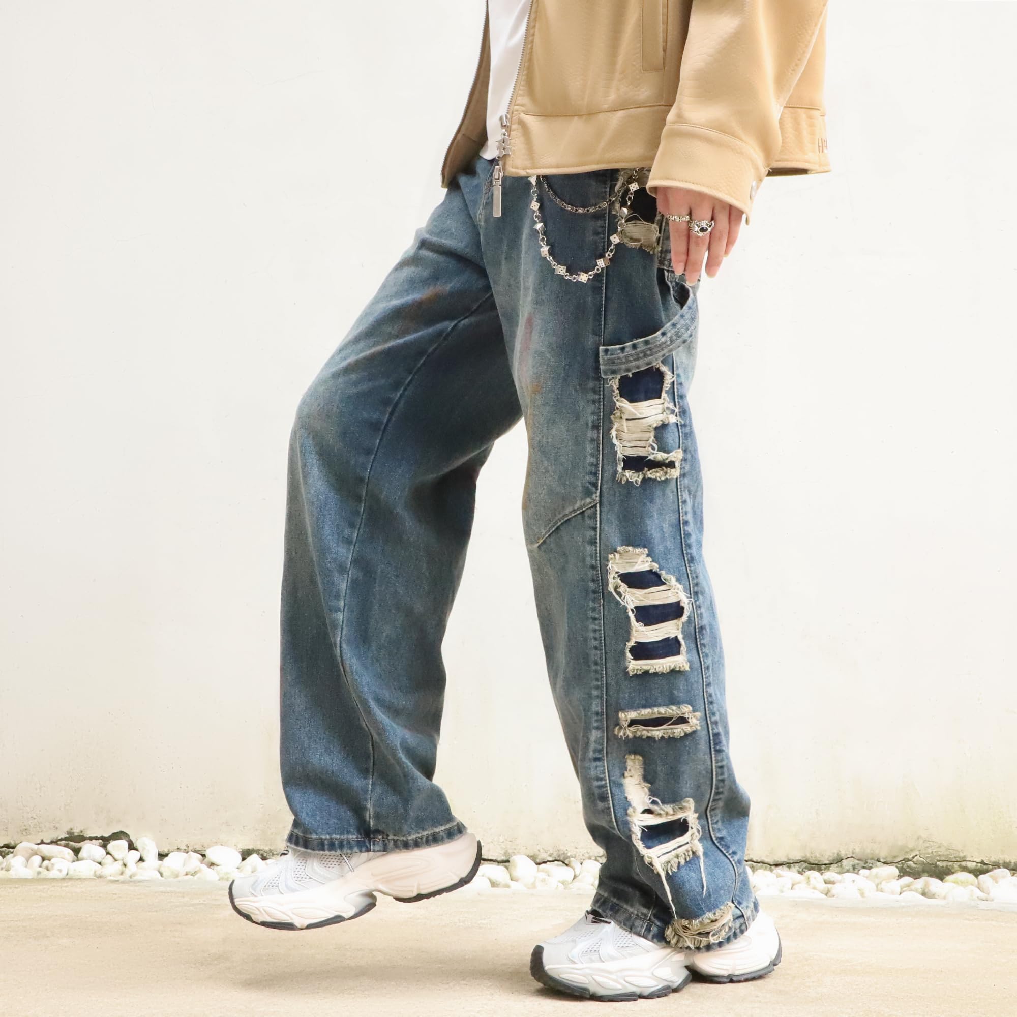 KODEIPLAY Barrel Baggy Jeans for Men y2k Mens Jeans Relaxed Fit Hip Hop High Waisted Long Trousers Loose Wide Leg Denim Pants