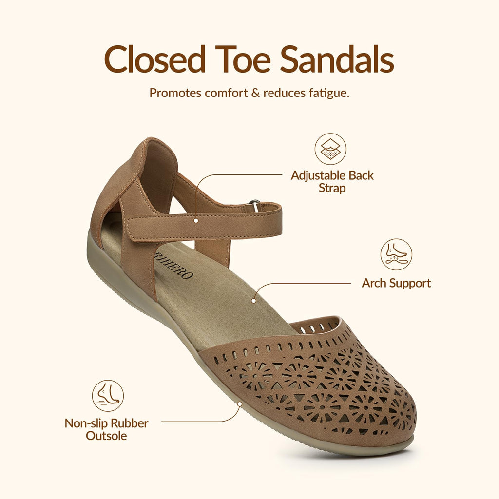 Rihero Summer Closed Toe Sandals Women Orthopedic Cute Beach Sandals for Women Lightweight Non Slip Arch Support Flat Shoes with Adjustable Strap Tan Hollow 7.5