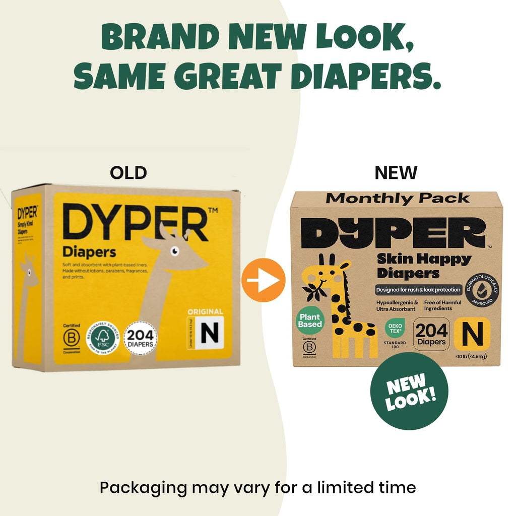 DYPER Monthly Pack Newborn Baby Diaper <10 lbs 204 Count - Leak-Proof & Plant Based, Hypoallergenic and Ultra Absorbent Newborn Diapers for Day and Overnight Skin Protection (Packaging May Vary)