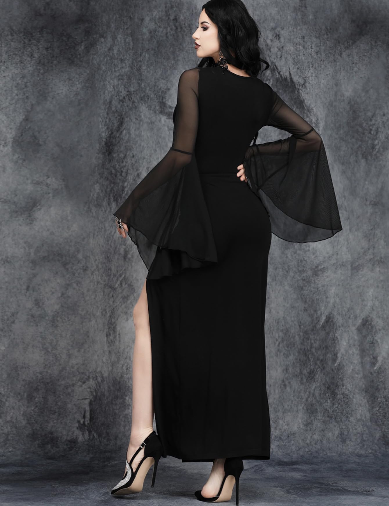 InGoticos Women Gothic Sexy Slit Flare Sleeve Patchwork Party Dress Black