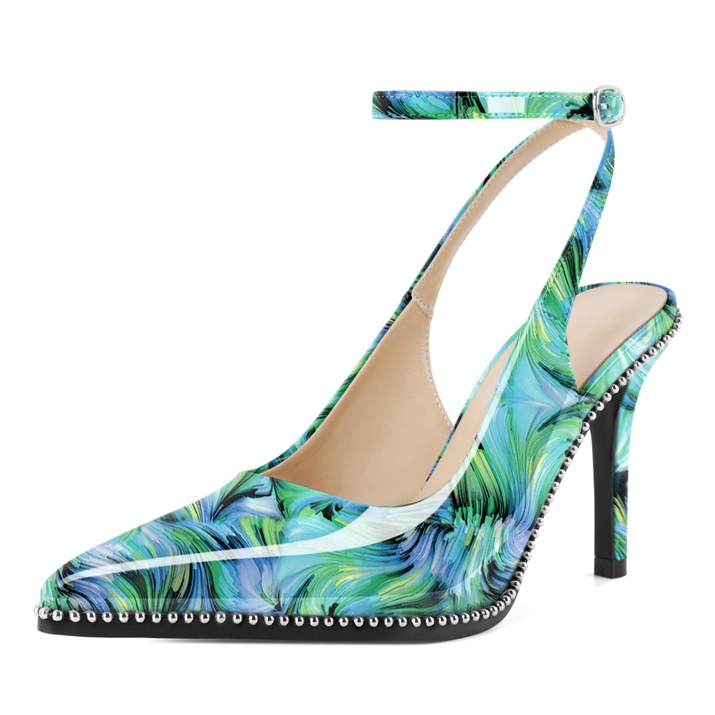 Soireelady Women Floral Green Heels Ankle Strap Slingback High Heel Beaded Pumps Stiletto Dress Shoes 3.5 Inches Floral US Size 9.5