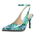 Soireelady Women Floral Green Heels Ankle Strap Slingback High Heel Beaded Pumps Stiletto Dress Shoes 3.5 Inches Floral US Size 9.5