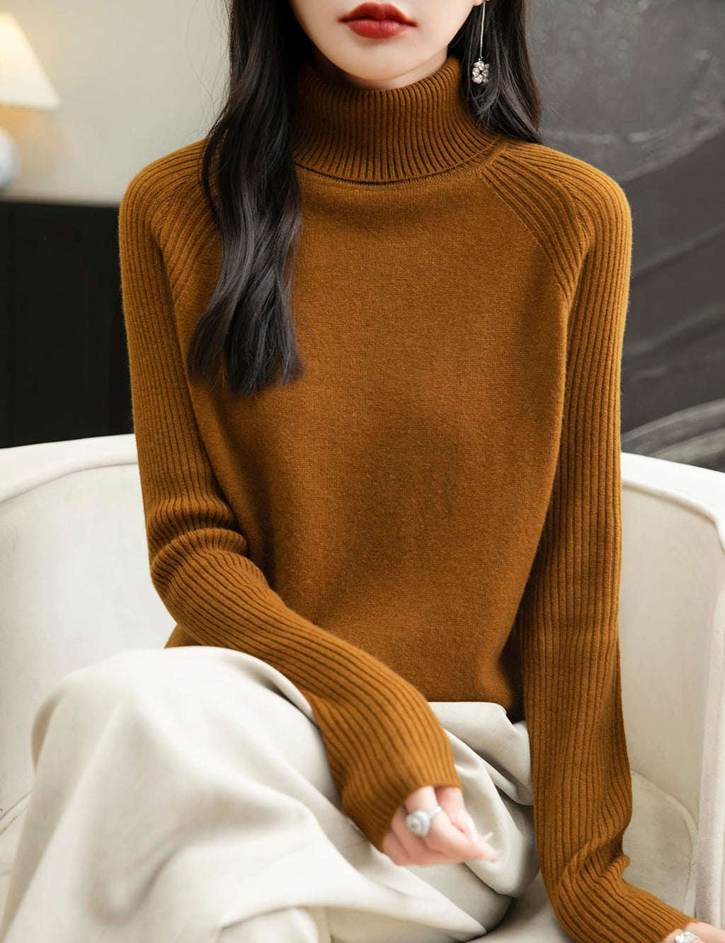 Chanyarn Women's Turtleneck 100% Merino Wool Sweater 2025 Fall Winter Classic Warm Soft Raglan Long Sleeve Knit Sweater (Caramel,S)