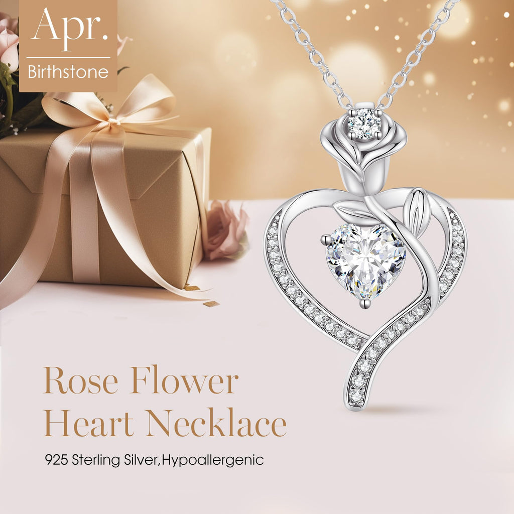 LOUISA SECRET Mothers Day Gifts for Mom Rose Flower Heart Birthstone Necklaces for Women, 925 Sterling Silver Jewelry, Pendant Heart Necklaces Birthday Anniversary Christmas Gift for Women Wife Mom Girlfriend Lady