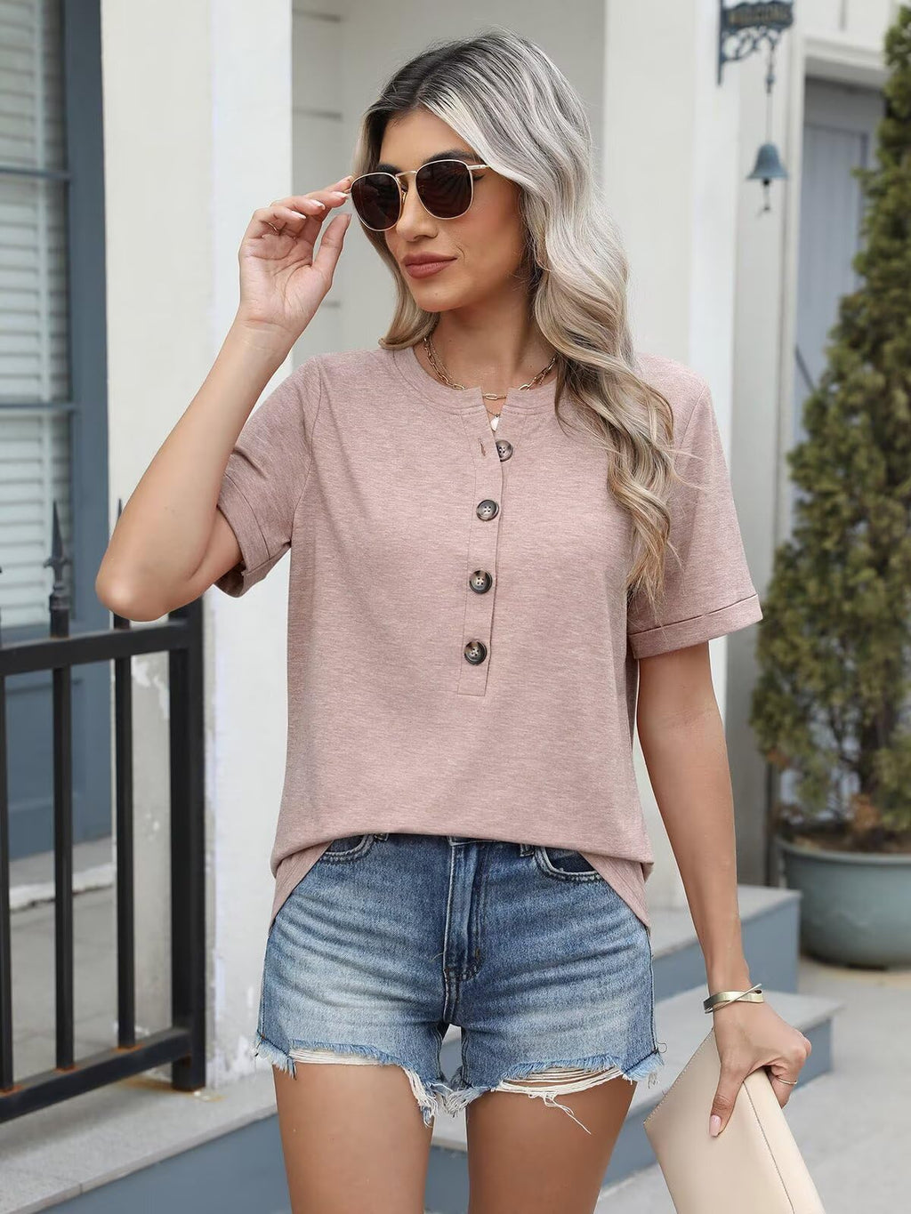 EADINVE Womens Tshirts Crew Neck Short Sleeve Summer Buttons Tops Casual Roll Sleeve Basic Tee Shirts Trendy Loose Fit Apricot