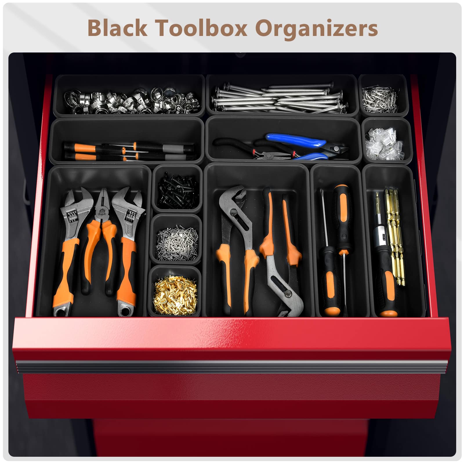 A-LUGEI【𝟰𝟲𝗣𝗖𝗦 & 5 Size】Tool Box Organizer Tray Divider Set, 【Black】 Desk Drawer Organizer, Garage Organization and Storage Toolbox Accessories Rolling Tool Chest Cart Cabinet WorkBench Small Part