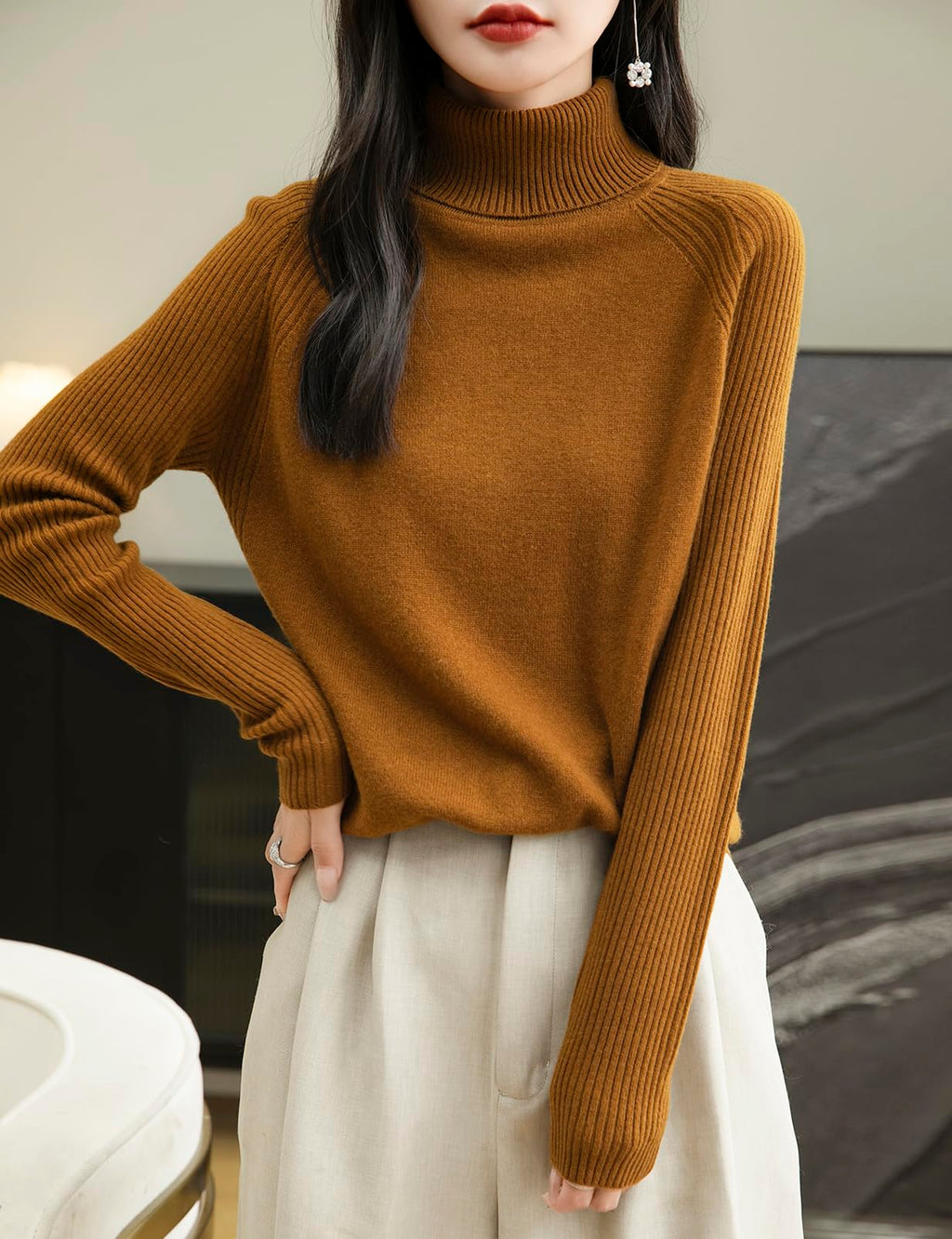 Chanyarn Women's Turtleneck 100% Merino Wool Sweater 2025 Fall Winter Classic Warm Soft Raglan Long Sleeve Knit Sweater (Caramel,S)