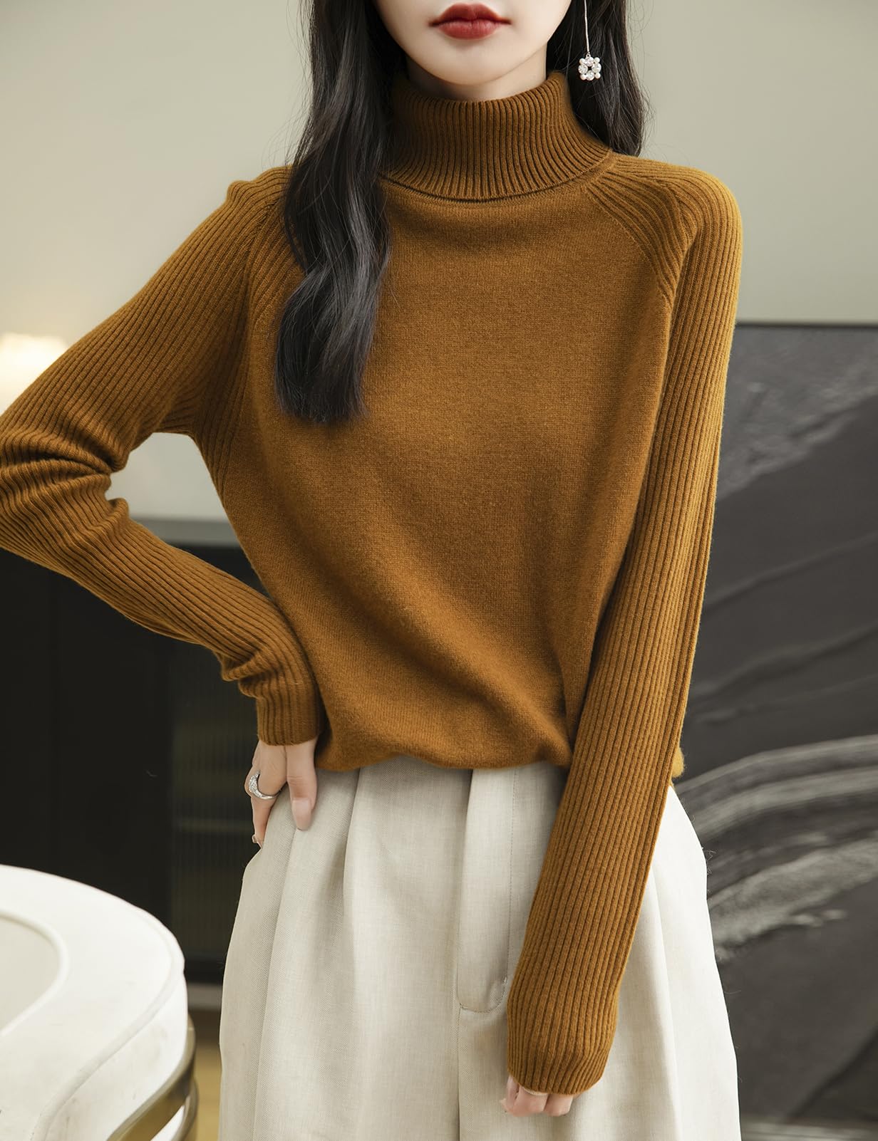 Chanyarn Women's Turtleneck 100% Merino Wool Sweater 2025 Fall Winter Classic Warm Soft Raglan Long Sleeve Knit Sweater (Caramel,S)