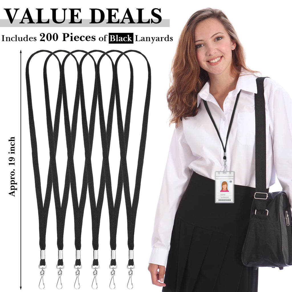 Epakh 200 Pcs Lanyards for ID Name Badge Holder Neck Lanyard Flat with Clips Neck Straps for Office School Nurse(Black,Cotton)